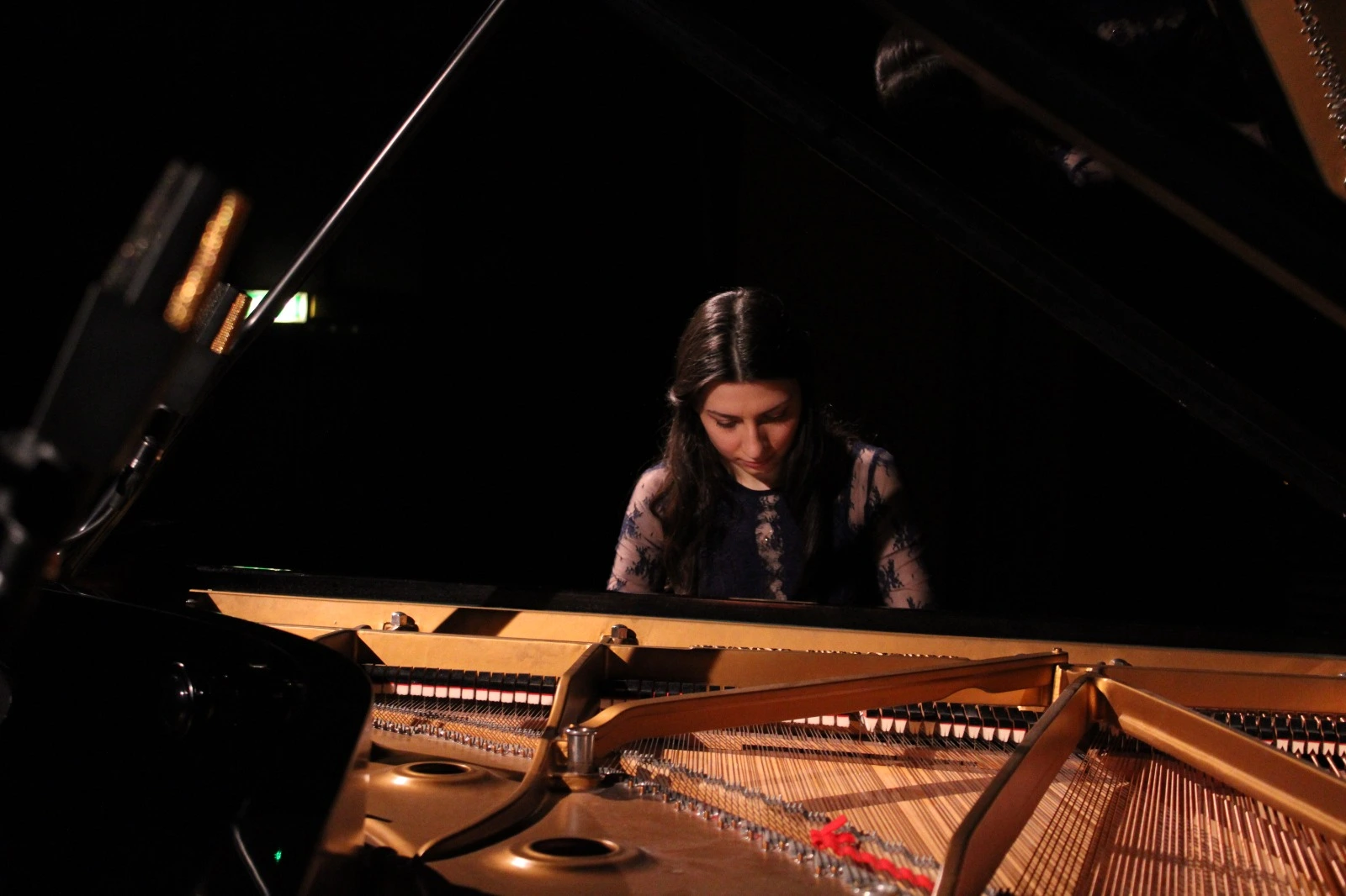 Mojca Pregeljc at the piano, lit from inside the open instrument